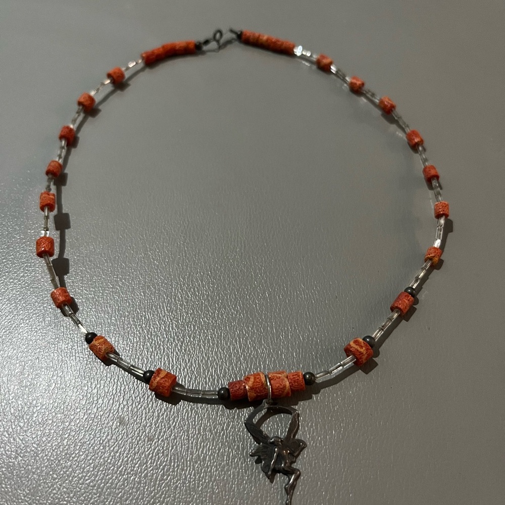 Silver and Orange Beaded Necklace
